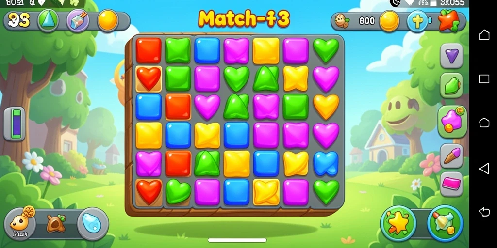 Screenshot gameplay 8055 yang menunjukkan aksi mencocokkan elemen warna.