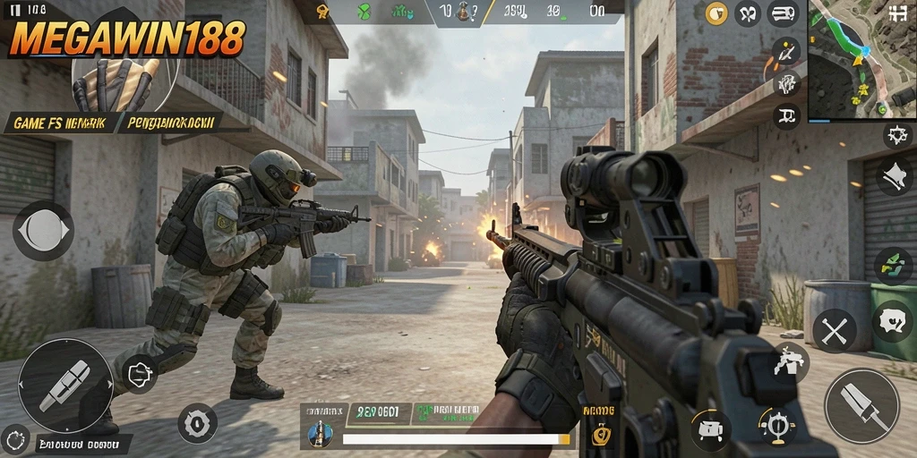 Screenshot gameplay MEGAWIN188 menampilkan aksi tembak-menembak yang intens.