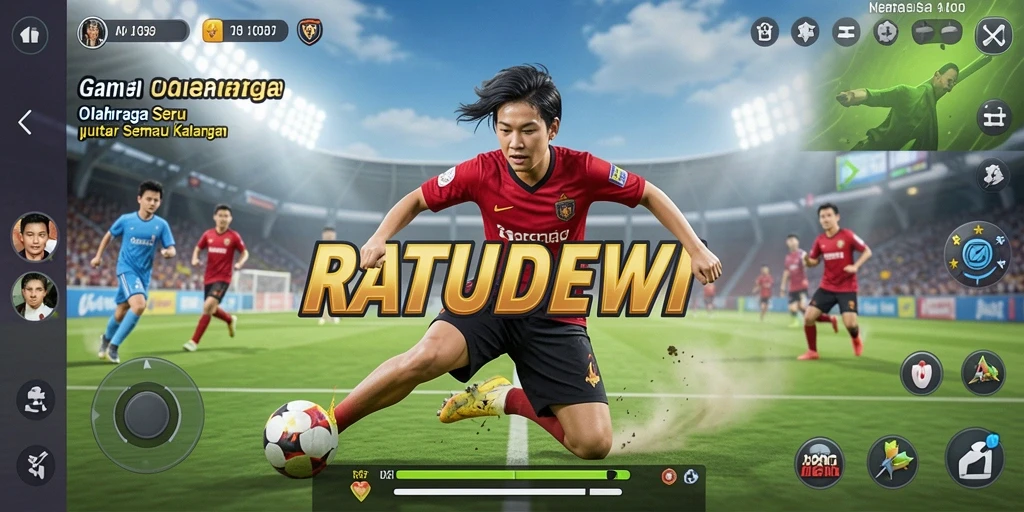 Tampilan gameplay seru dalam RATUDEWI yang menampilkan aksi olahraga.